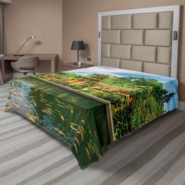 Abakuhaus Lenzuolo Balinese, Tempio Empul Bali Indonesia Alberi Esotici Oriental Building Fish Lake Foto, Morbido E Confortevole Lenzuolo Superiore Per Un Letto Decorativo 1 Pezzo 266 Cm X 260 Cm, Giallo Verde-image