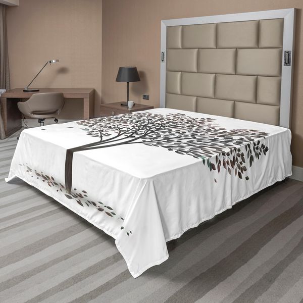 Abakuhaus Albero Della Vita Lenzuolo, Illustrazione Autunnale Con Foglie Che Cadono, Stampa Artistica Stagionale, Lenzuolo Morbido E Confortevole Per Un Letto Decorativo, 1 Pezzo, 260 Cm X 228 Cm, Marrone E Bianco-image
