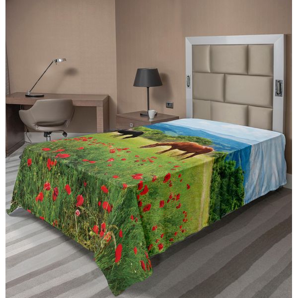Abakuhaus Lenzuolo Con Cavalli, Diversi Tipi Di Cavalli, Prato, Papaveri, Paesaggio Montano, Scene Rurali, Lenzuolo Morbido E Confortevole Per Un Letto Decorativo, 1 Pezzo, 190 Cm X 100 Cm, Multicolore-image