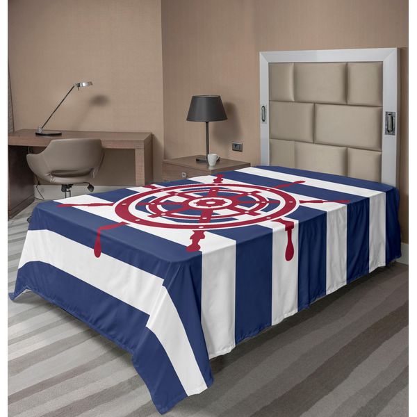 Abakuhaus Lenzuolo Con Timone, Illustrazione Dell'icona Del Timone Di Una Nave Su Sfondo A Righe Artwok, Lenzuolo Morbido E Confortevole Per Un Letto Decorativo 1 Pezzo 260 Cm X 168 Cm, Blu Navy Rosso-image