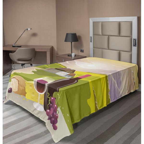 Abakuhaus Lenzuolo Da Letto, Vino Formaggio Pane Paesaggio Montano Paesaggio Rurale Francese Pastorale, Morbido E Confortevole Lenzuolo Superiore Per Un Letto Decorativo 1 Pezzo 260 Cm X 168 Cm, Crema Verde Viola-image