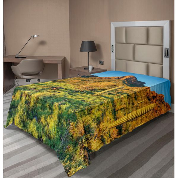 Abakuhaus Lenzuolo Saguaro, Picacho Peak All'alba Circondato Dalla Zona Barren Area Hostile Living Contitions, Morbido E Confortevole Lenzuolo Superiore Per Un Letto Decorativo 1 Pezzo 260 Cm X 168 Cm, Verde Blu-image