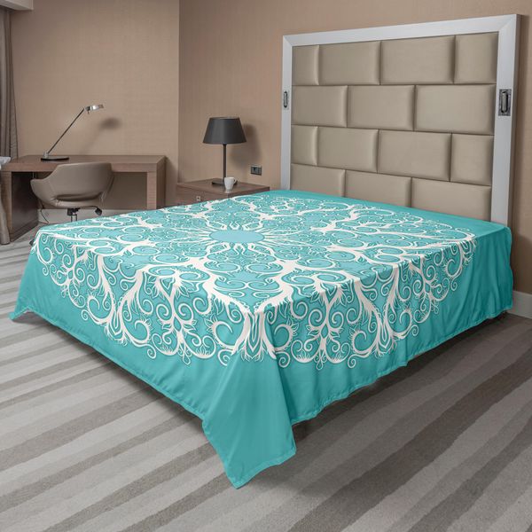 Abakuhaus Lenzuolo Turchese, Motivo A Rami Di Alberi Sinuosi E Cerchi Infiniti, Disegno Floreale Simmetrico, Lenzuolo Morbido E Confortevole Per Un Letto Decorativo, 1 Pezzo, 266 Cm X 260 Cm, Bianco-image