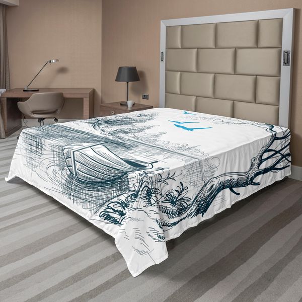 Abakuhaus Lenzuolo Paesaggio, Barca Su Fiume Tranquillo, Albero, Uccello, Ramo, Schizzi, Clipart, Acqua, Minimalista, Morbido E Confortevole Lenzuolo Superiore Per Un Letto Decorativo, 1 Pezzo, 275 Cm X 260 Cm, Bianco, Grigio, Blu-image