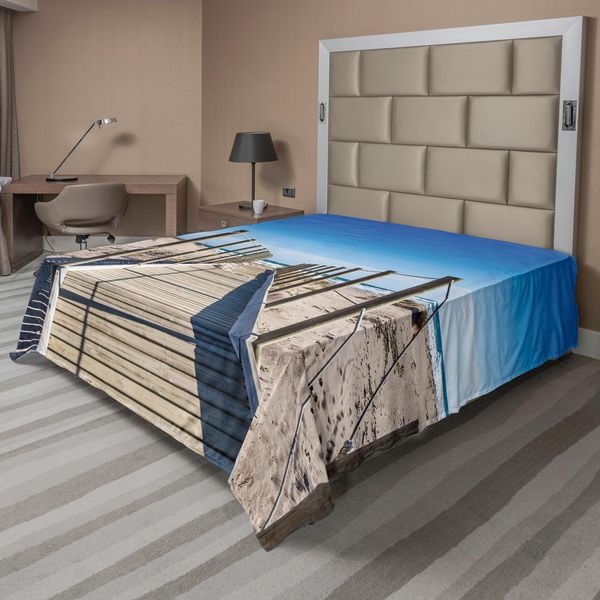 Abakuhaus Lenzuolo Da Spiaggia, Spiaggia Deserta Con Sentiero, Cielo Mediterraneo, Calma, Tranquillità, Nessuno, Tema Pace Estiva, Lenzuolo Morbido E Confortevole Per Un Letto Decorativo, 1 Pezzo, 275 Cm X 260 Cm, Crema E Blu.-image