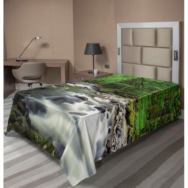 Abakuhaus Lenzuolo Da Letto Wald, Rushing Riverbed Con Rocce, Alberi, Rami Di Montagna, Arbusti, Paesaggio Naturale, Lenzuolo Morbido E Confortevole Per Un Letto Decorativo, 1 Pezzo, 260 Cm X 168 Cm, Verde, Bianco, Grigio-image