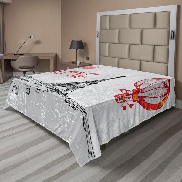 Abakuhaus Amore Lenzuola, Amo Parigi Romanticismo Mongolfiera Con Cuori Stampa Stile Doodle Immagine, Morbido E Confortevole Lenzuolo Superiore Per Un Letto Decorativo 1 Pezzo 275 Cm X 260 Cm, Nero Grigio Rosso-image
