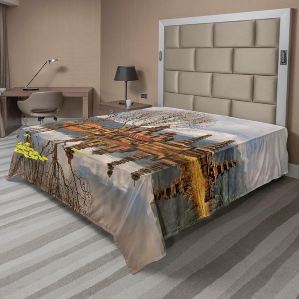 Abakuhaus Lenzuolo Balinese, Bosco Alberi Tempio Cielo Nuvoloso Riflesso Sul Lago Tamblingan Bali Paesaggio Stampa, Morbido E Confortevole Lenzuolo Superiore Per Un Letto Decorativo 1 Pezzo 244 Cm X 205 Cm, Marrone E Grigio-image