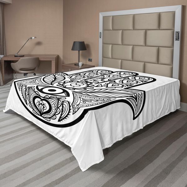 Abakuhaus Lenzuolo Mandala, Mano Di Hamsa Con Occhi Interni Immagine Occhi Malvagi Ti Benedicano Stampa Artistica Orientale, Lenzuolo Morbido E Confortevole Per Un Letto Decorativo 1 Pezzo 266 Cm X 260 Cm, Bianco Nero-image