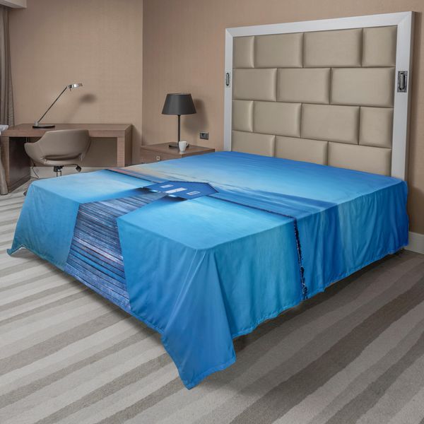 Abakuhaus Lenzuolo Paesaggistico, Alba Sul Lago Casa Sul Lago Passerella Nuvole Orizzonte Natura, Morbido E Confortevole Lenzuolo Superiore Per Un Letto Decorativo 1 Pezzo 266 Cm X 260 Cm, Blu Arancione Grigio-image