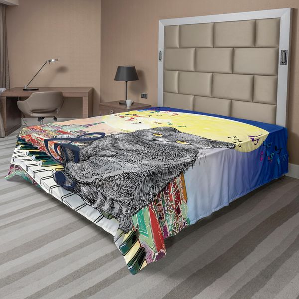 Abakuhaus Lenzuolo, Gatto Musicale Con Tastiera Sui Tetti Nel Cielo Notturno - Stampa Artistica Con Luna Piena Sulla Città Antica, Lenzuolo Morbido E Confortevole Per Un Letto Decorativo 1 Pezzo 260 Cm X 228 Cm, Multicolore-image