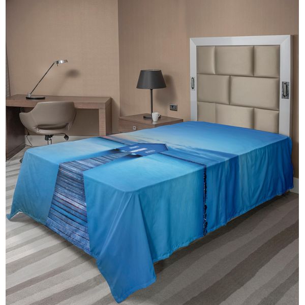 Abakuhaus Lenzuolo Paesaggistico, Alba Sopra L'acqua Casa Sul Lago Passerella Nuvole Orizzonte Natura, Morbido E Confortevole Lenzuolo Superiore Per Un Letto Decorativo 1 Pezzo 260 Cm X 168 Cm, Blu Arancione Grigio-image