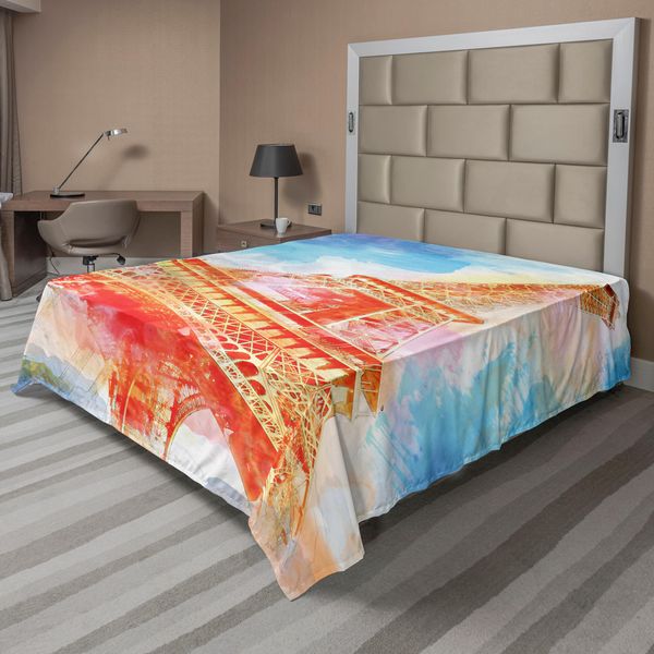 Abakuhaus Lenzuolo Torre Eiffel, Righello Dipinto Ad Acquerello Torre Eiffel Markstein Illustrazione Colorata, Lenzuolo Superiore Morbido E Confortevole Per Un Letto Decorativo 1 Pezzo 275 Cm X 260 Cm, Blu Giallo Rosso-image