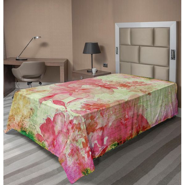 Abakuhaus Lenzuolo Con Motivo Floreale, Stampa Retrò Kitsch Con Sfondo Grunge, Lenzuolo Morbido E Confortevole Per Un Letto Decorativo, 1 Pezzo, 190 Cm X 100 Cm, Rosa E Verde-image