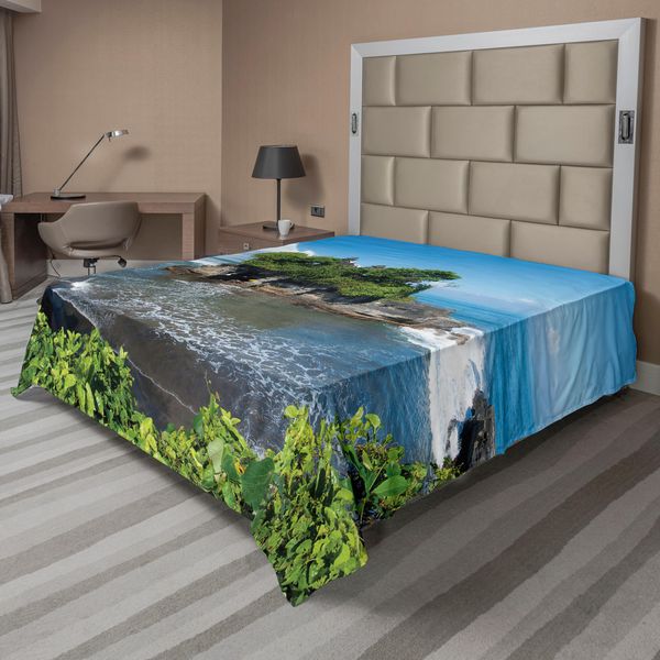 Abakuhaus Lenzuolo Balinese, Tempio Tanah Lot Sull'isola Di Bali, Oceano Increspato, Immagine Storica Dell'architettura, Lenzuolo Morbido E Confortevole Per Un Letto Decorativo, 1 Pezzo, 244 Cm X 205 Cm, Verde Blu-image