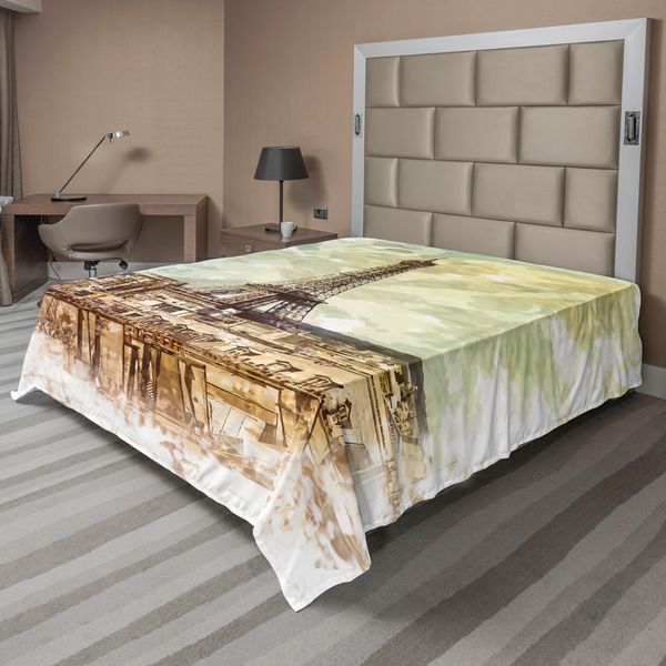 Abakuhaus Lenzuolo Torre Eiffel, Stampa In Stile Acquerello Pastello, Skyline Vintage Torre Eiffel, Tema Parigi, Morbido E Confortevole Lenzuolo Superiore Per Un Letto Decorativo, 1 Pezzo, 244 Cm X 205 Cm, Beige Marrone-image