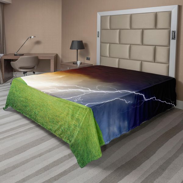 Abakuhaus Lenzuolo Naturale, Paesaggio Naturale Con Campo Di Erba Fresca E Fulmini Tema Ambientale, Lenzuolo Morbido E Confortevole Per Un Letto Decorativo 1 Pezzo 275 Cm X 260 Cm, Verde Arancione Blu-image