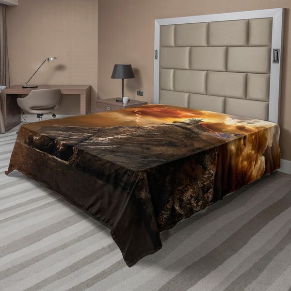 Abakuhaus Lenzuolo Fantasia, Castello Fantasia Sulla Scogliera Con Tuono Soprannaturale, Stampa Di Fantasia, Lenzuolo Morbido E Confortevole Per Un Letto Decorativo, 1 Pezzo, 266 Cm X 260 Cm, Arancione Marrone-image