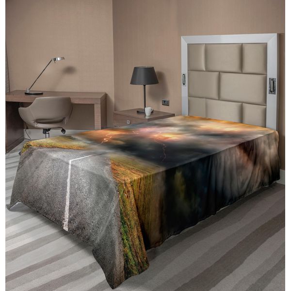 Abakuhaus Lenzuolo Naturale, Tempesta, Nuvole E Tuoni Sulla Strada Di Campagna Nel Campo Stampa Elettrica, Lenzuolo Morbido E Confortevole Per Un Letto Decorativo 1 Pezzo 260 Cm X 168 Cm, Arancione Grigio-image