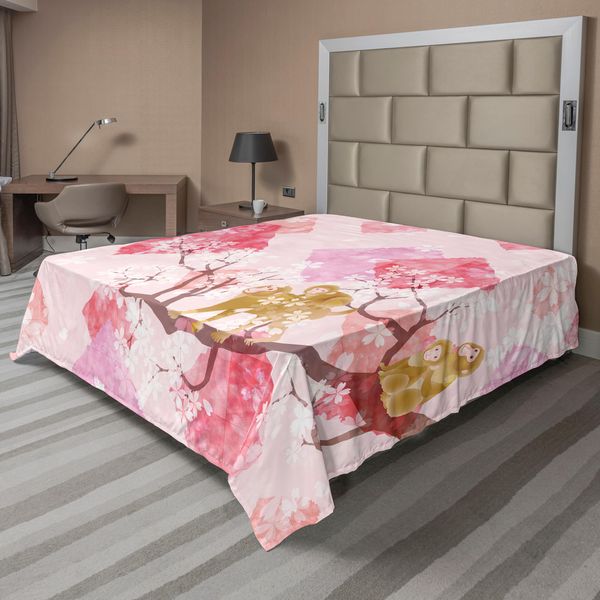 Abakuhaus Lenzuolo Con Fiori, Famiglia Di Scimmie Su Rami Di Alberi Con Illustrazione Sullo Sfondo, Lenzuolo Morbido E Confortevole Per Un Letto Decorativo 1 Pezzo 275 Cm X 260 Cm, Caffè Chiaro Rosa Rosso-image