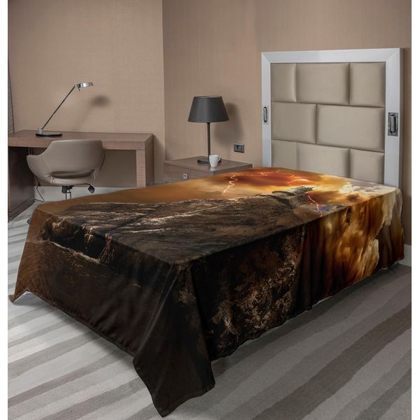 Abakuhaus Lenzuolo Fantasia, Castello Fantasia Sulla Scogliera Con Tuono Soprannaturale, Stampa Di Fantasia, Lenzuolo Morbido E Confortevole Per Un Letto Decorativo, 1 Pezzo, 190 Cm X 100 Cm, Arancione Marrone-image
