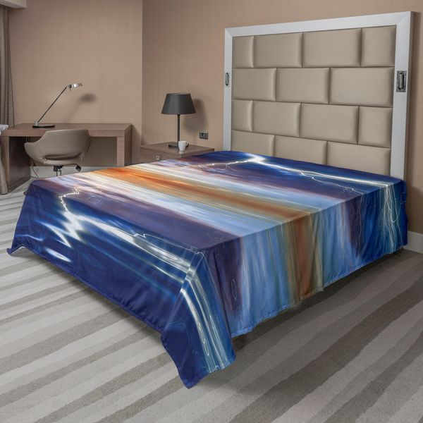 Abakuhaus Lenzuolo Naturale, Tuono Sul Mare Con Riflessi Tema Tempesta Madre Terra Tema Zen Immagine, Lenzuolo Morbido E Confortevole Per Un Letto Decorativo 1 Pezzo 260 Cm X 228 Cm, Arancione Blu-image