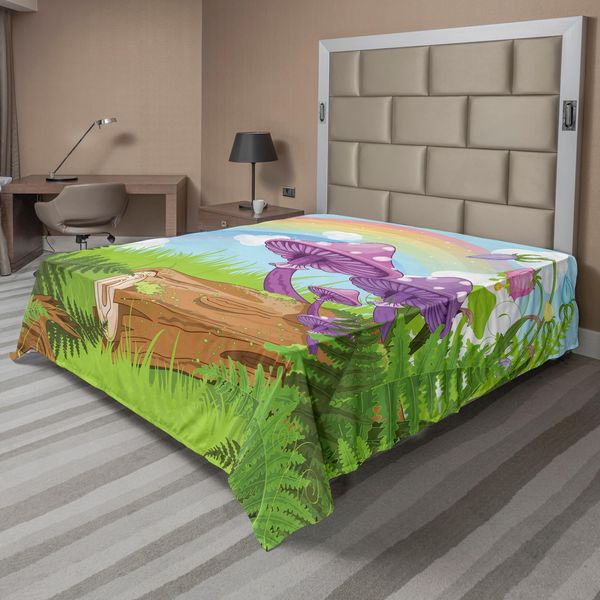 Abakuhaus Lenzuolo Con Funghi, Paesaggio Con Legname Da Costruzione, Erba E Arcobaleno, Funghi, Erbe, Foglie, Erbacce, Arte, Lenzuolo Morbido E Confortevole Per Un Letto Decorativo, 1 Pezzo, 260 Cm X 228 Cm, Multicolore-image