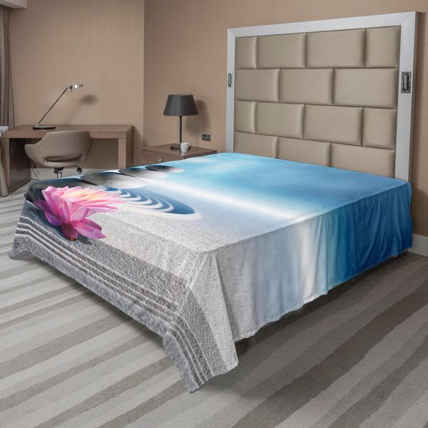 Abakuhaus Lenzuolo Da Letto, Pietre E Fiori Di Loto Sulla Sabbia Meditazione Armonia Equilibrio Fioritura Della Mente, Morbido E Confortevole Lenzuolo Superiore Per Un Letto Decorativo 1 Pezzo 260 Cm X 228 Cm, Blu Grigio Rosa-image