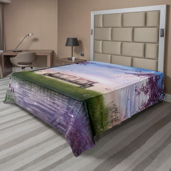Abakuhaus Lenzuolo Naturale, Panchina Su Un Fiume Che Scorre Con Luna A Forma Di Falce, Illustrazione Di Alberi Di Lavanda Ed Erba, Lenzuolo Superiore Morbido E Confortevole Per Un Letto Decorativo, 1 Pezzo, 266 Cm X 260 Cm, Multicolore-image