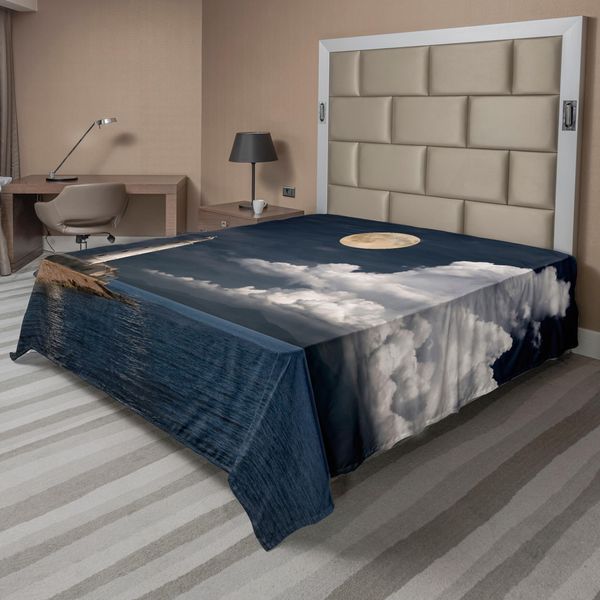 Abakuhaus Lenzuolo Con Faro, Faro Moonlight Island Grandi Nuvole Mare Spiaggia Lungomare Notte Baia, Lenzuolo Morbido E Confortevole Per Un Letto Decorativo 1 Pezzo 275 Cm X 260 Cm, Multicolore-image
