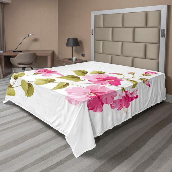 Abakuhaus Lenzuolo Con Fiori, Ramo Di Ibisco Tropicale Selvatico Con Foglie Fresche, Design Esotico, Lenzuolo Morbido E Confortevole Per Un Letto Decorativo, 1 Pezzo, 244 Cm X 205 Cm, Verde, Bianco, Rosa-image