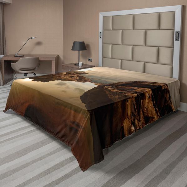 Abakuhaus Lenzuolo Naturale, Alba Su Rocce Solitarie In Un Lago Tranquillo, Riflessi Del Sole Sul Cielo, Morbido E Confortevole Lenzuolo Superiore Per Un Letto Decorativo 1 Pezzo 244 Cm X 205 Cm, Multicolore-image