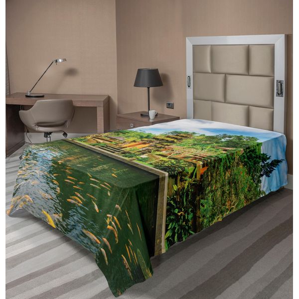 Abakuhaus Lenzuolo Balinese, Tempio Empul Bali Indonesia Alberi Esotici Oriental Building Fish Lake Foto, Morbido E Confortevole Lenzuolo Superiore Per Un Letto Decorativo 1 Pezzo 190 Cm X 100 Cm, Giallo Verde-image