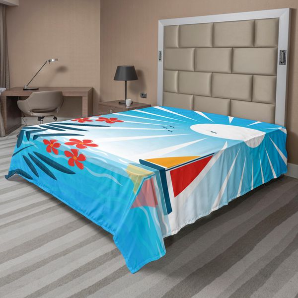Abakuhaus Lenzuolo Nautico, Oleandro E Barca A Vela Nel Mare Sunny Day Gabbiani Tema Positive Life, Lenzuolo Morbido E Confortevole Per Un Letto Decorativo 1 Pezzo 260 Cm X 228 Cm, Blu Arancione Bianco-image