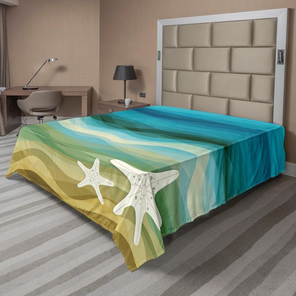 Abakuhaus Lenzuolo Astratto, Design Astratto, Illustrazione Moderna, Onde, Stelle Marine, Spiaggia Sabbiosa, Tema Acquatico, Lenzuolo Morbido E Confortevole Per Un Letto Decorativo, 1 Pezzo, 275 Cm X 260 Cm, Beige E Blu.-image