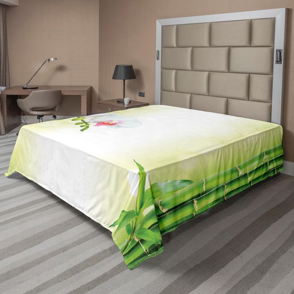 Lenzuolo Abakuhaus Spa, Fiori Di Orchidea Con Rami Di Bambù In Vari Colori, Tema Spirituale, Lenzuolo Morbido E Confortevole Per Un Letto Decorativo, 1 Pezzo, 244 Cm X 205 Cm, Verde E Bianco-image