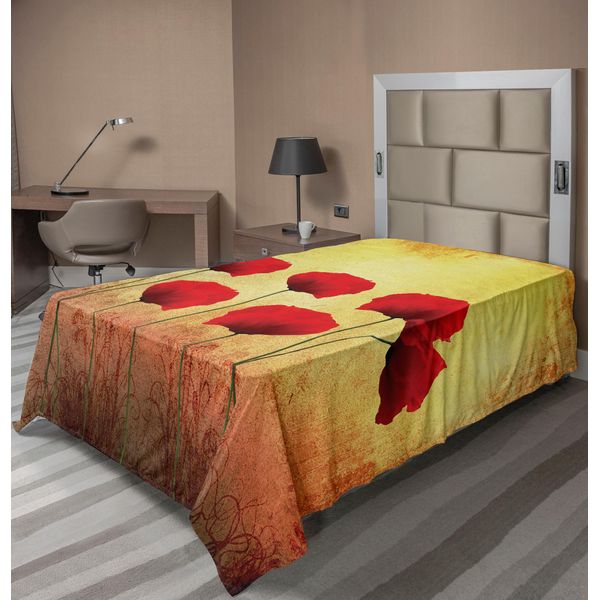 Abakuhaus Lenzuolo Con Motivi Di Papaveri, Papaveri Su Sfondo Retrò Invecchiato, Design Floreale, Morbido E Confortevole Lenzuolo Superiore Per Un Letto Decorativo, 1 Pezzo, 190 Cm X 100 Cm, Giallo Chiaro E Rosso Scarlatto.-image