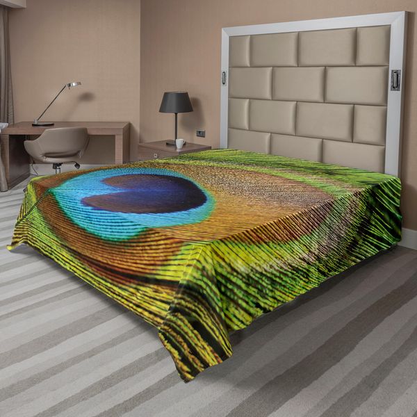 Abakuhaus Lenzuolo Con Pavone, Primo Piano Di Piume Di Pavone A Forma Di Occhio, Fauna Esotica, Morbido E Confortevole Lenzuolo Superiore Per Un Letto Decorativo, 1 Pezzo, 260 Cm X 228 Cm, Verde Acqua Senape-image