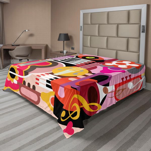 Abakuhaus Lenzuolo Musicale, Grafica Con Diverse Icone Musicali, Tastiera, Festival, Pianoforte, Morbido E Confortevole Lenzuolo Superiore Per Un Letto Decorativo, 1 Pezzo, 266 Cm X 260 Cm, Multicolore-image