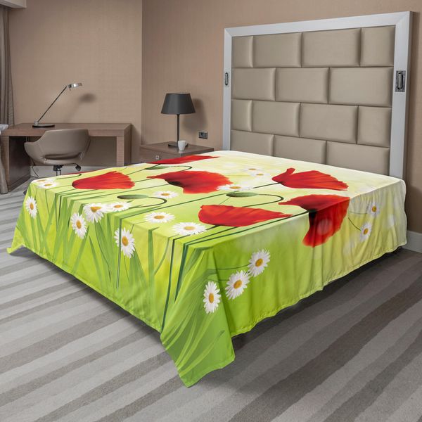 Abakuhaus Lenzuolo Con Papaveri, Primavera Ambiente Con Papaveri E Margherite Sull'erba Illustrazione Della Natura In Fiore, Lenzuolo Morbido E Confortevole Per Un Letto Decorativo 1 Pezzo 266 Cm X 260 Cm, Verde Rosso-image