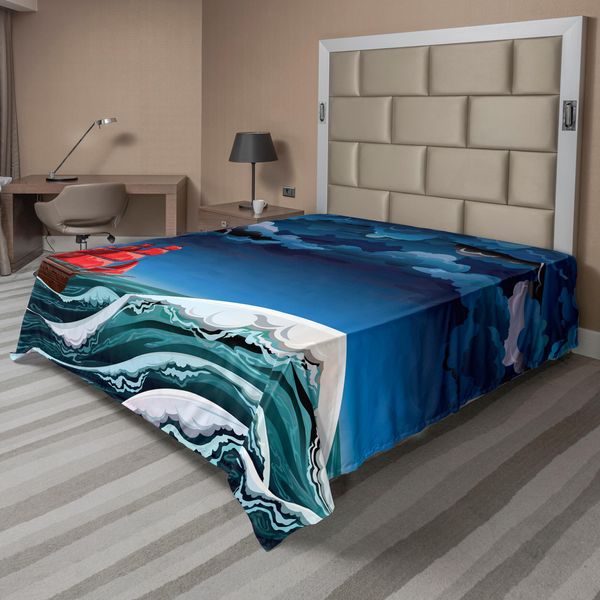 Abakuhaus Lenzuolo Nautico, Contenitore Vintage Vela Tempo Tempestoso Notte Onde Maestose Stampa, Lenzuolo Morbido E Confortevole Per Un Letto Decorativo 1 Pezzo 275 Cm X 260 Cm, Blu Arancione Prugna-image