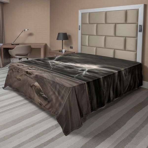Abakuhaus Lenzuolo Naturale, Tuoni E Fulmini Sulla Spiaggia Sabbiosa Durante Una Forte Tempesta, Stampa A Raggi Luminosi, Lenzuolo Morbido E Confortevole Per Un Letto Decorativo, 1 Pezzo, 266 Cm X 260 Cm, Marrone E Grigio-image
