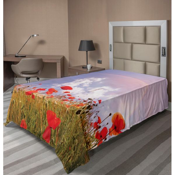 Abakuhaus Lenzuolo Con Papaveri, Prato Con Papaveri E Riflessi Arcobaleno Nel Cielo Magico Concetto Di Felicità, Lenzuolo Morbido E Confortevole Per Un Letto Decorativo 1 Pezzo 260 Cm X 168 Cm, Verde Blu Rosso-image