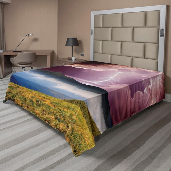 Abakuhaus Lenzuolo Naturale, Cielo Elettrico, Potente Effetto Sulla Terra, Stampa Paesaggio, Lenzuolo Morbido E Confortevole Per Un Letto Decorativo, 1 Pezzo, 244 Cm X 205 Cm, Verde, Blu, Rosa-image