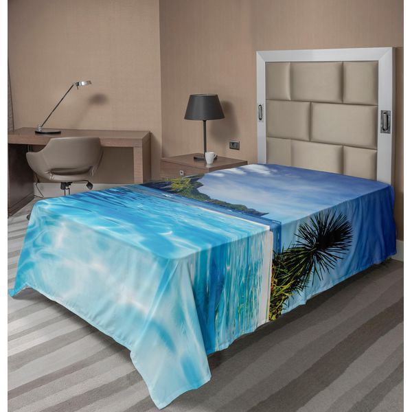 Abakuhaus Lenzuolo Con Paesaggio, Paesaggio Con Piscina E Isola Lontana, Tema Tropicale Esotico Hawaiano, Lenzuolo Morbido E Confortevole Per Un Letto Decorativo, 1 Pezzo, 190 Cm X 100 Cm, Verde Turchese-image