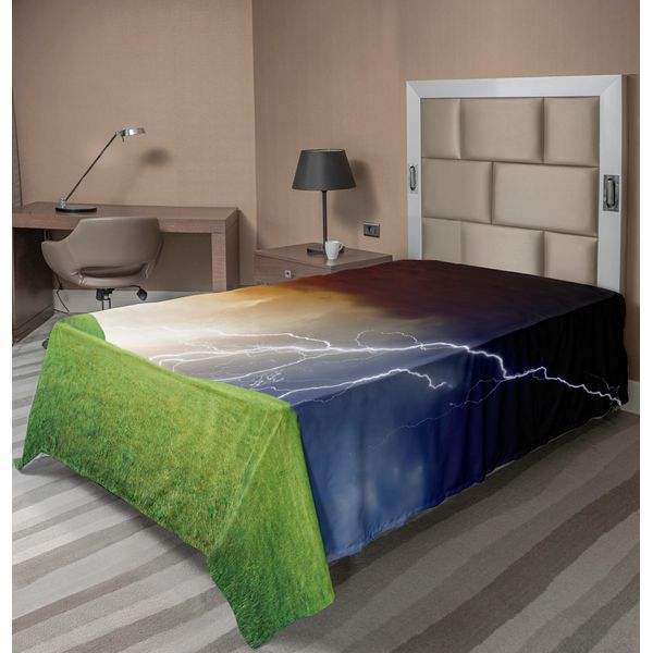 Abakuhaus Lenzuolo Naturale, Paesaggio Naturale Con Campo Di Erba Fresca E Fulmini Tema Ambientale, Lenzuolo Superiore Morbido E Confortevole Per Un Letto Decorativo 1 Pezzo 190 Cm X 100 Cm, Verde Arancione Blu-image