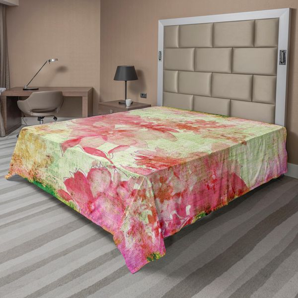 Abakuhaus Lenzuolo Con Motivo Floreale, Stampa Retrò Kitsch Con Sfondo Grunge, Lenzuolo Morbido E Confortevole Per Un Letto Decorativo, 1 Pezzo, 244 Cm X 205 Cm, Rosa E Verde-image