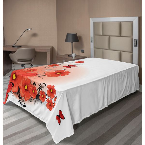 Abakuhaus Lenzuolo Con Motivo Papaveri, Sfondo Floreale Con Farfalle, Tema Ispirato Alla Speranza Della Stagione Primaverile, Lenzuolo Morbido E Confortevole Per Un Letto Decorativo, 1 Pezzo, 260 Cm X 168 Cm, Nero, Bianco, Rosso-image