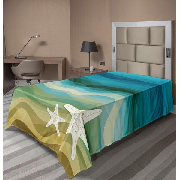 Abakuhaus Lenzuolo Astratto, Design Astratto, Illustrazione Moderna, Onde, Stelle Marine, Spiaggia Sabbiosa, Tema Acquatico, Lenzuolo Morbido E Confortevole Per Un Letto Decorativo, 1 Pezzo, 260 Cm X 168 Cm, Beige E Blu.-image