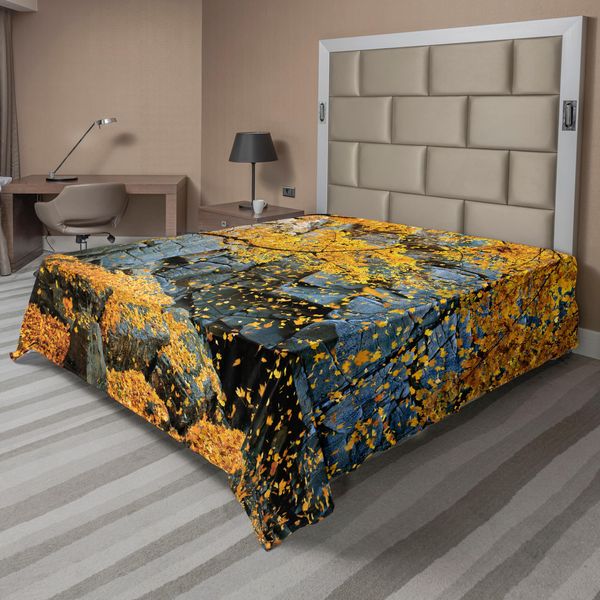 Abakuhaus Lenzuolo, Foglie Di Acero Canadese Che Cadono Circondate Da Rocce Scenografiche, Lenzuolo Morbido E Confortevole Per Un Letto Decorativo, 1 Pezzo, 266 Cm X 260 Cm, Arancione E Grigio-image